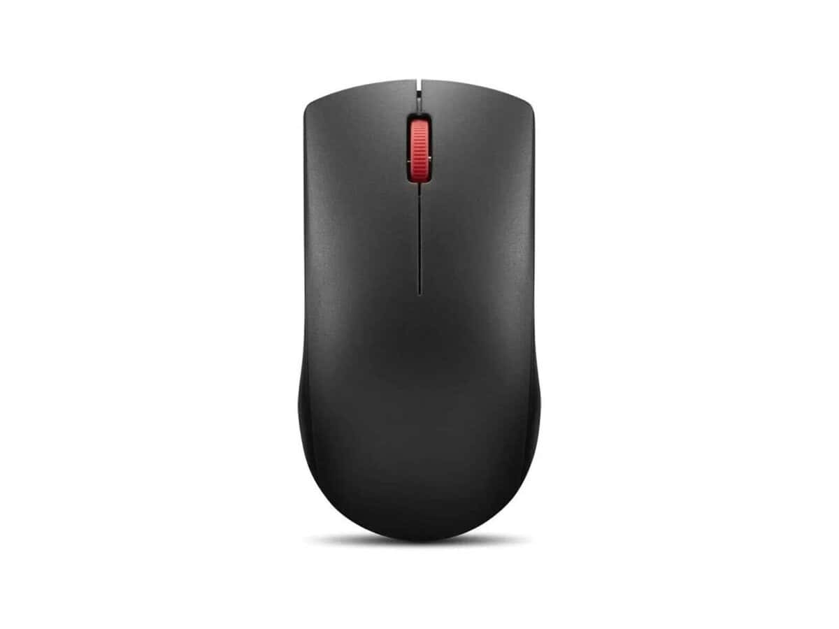 Black wireless computer mouse on white background.