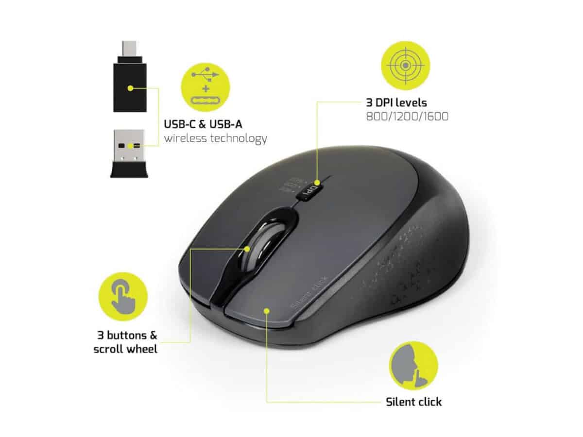 Port Wireless Silent 3600DPI 3 Button USB and Type-C Dongle Mouse – Black
