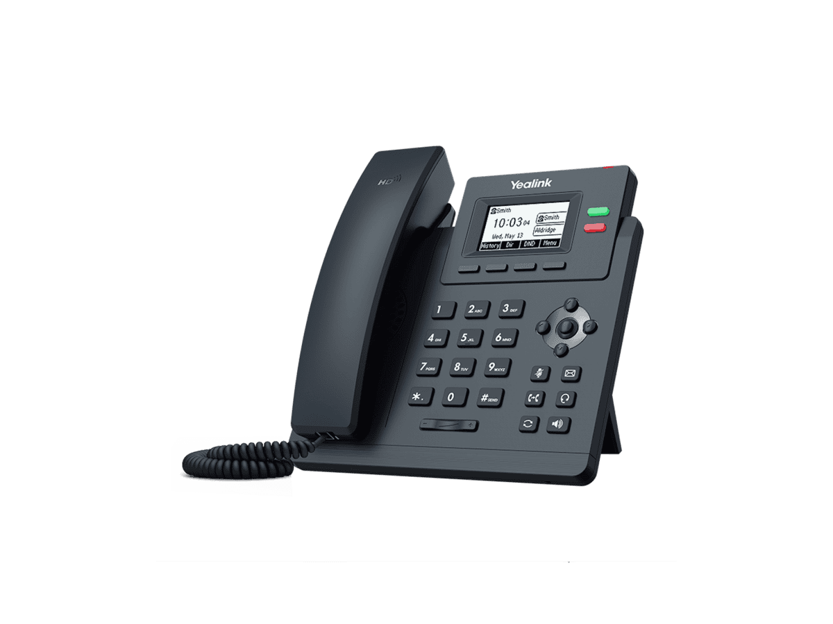 Black modern VoIP desk phone with display.