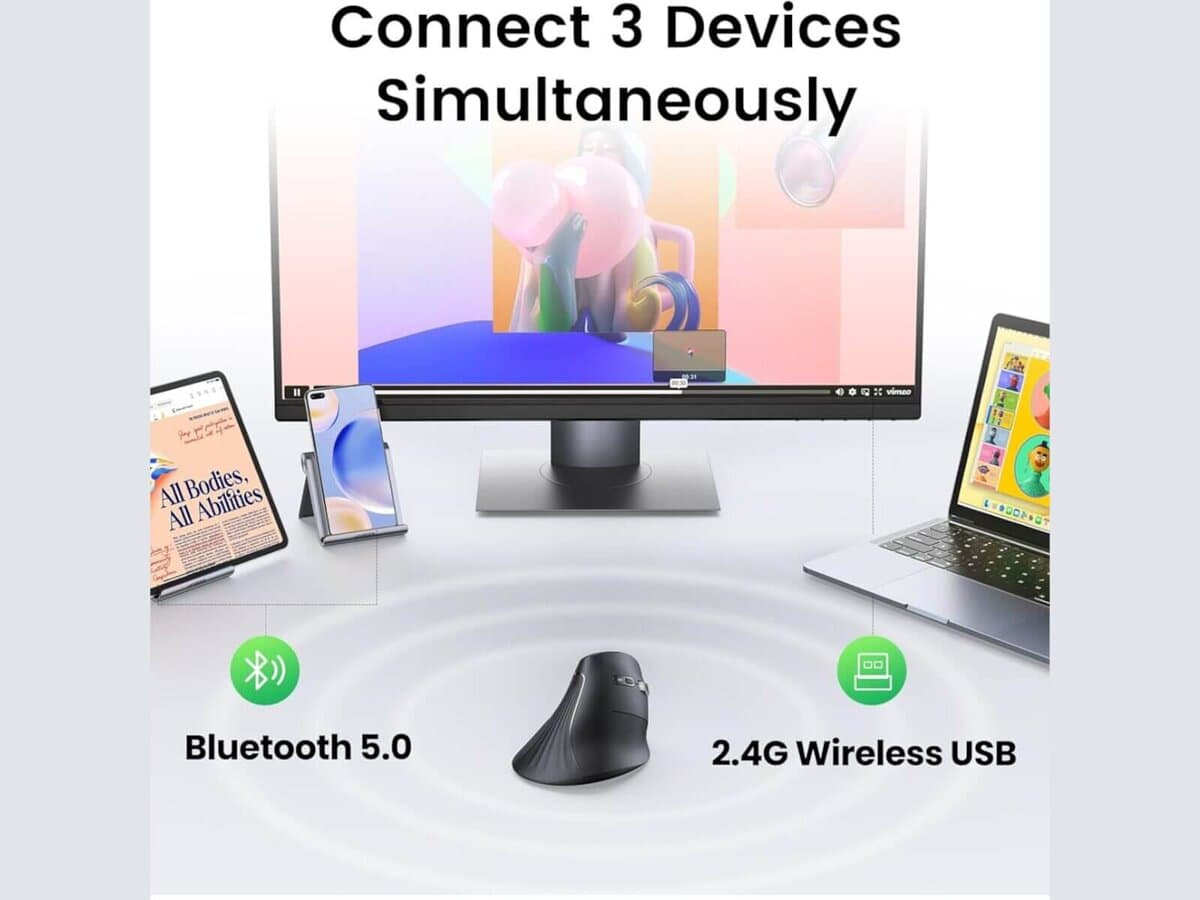 UGreen Multi-Mode Vertical Mouse Bluetooth and 2.4G Wireless – Black