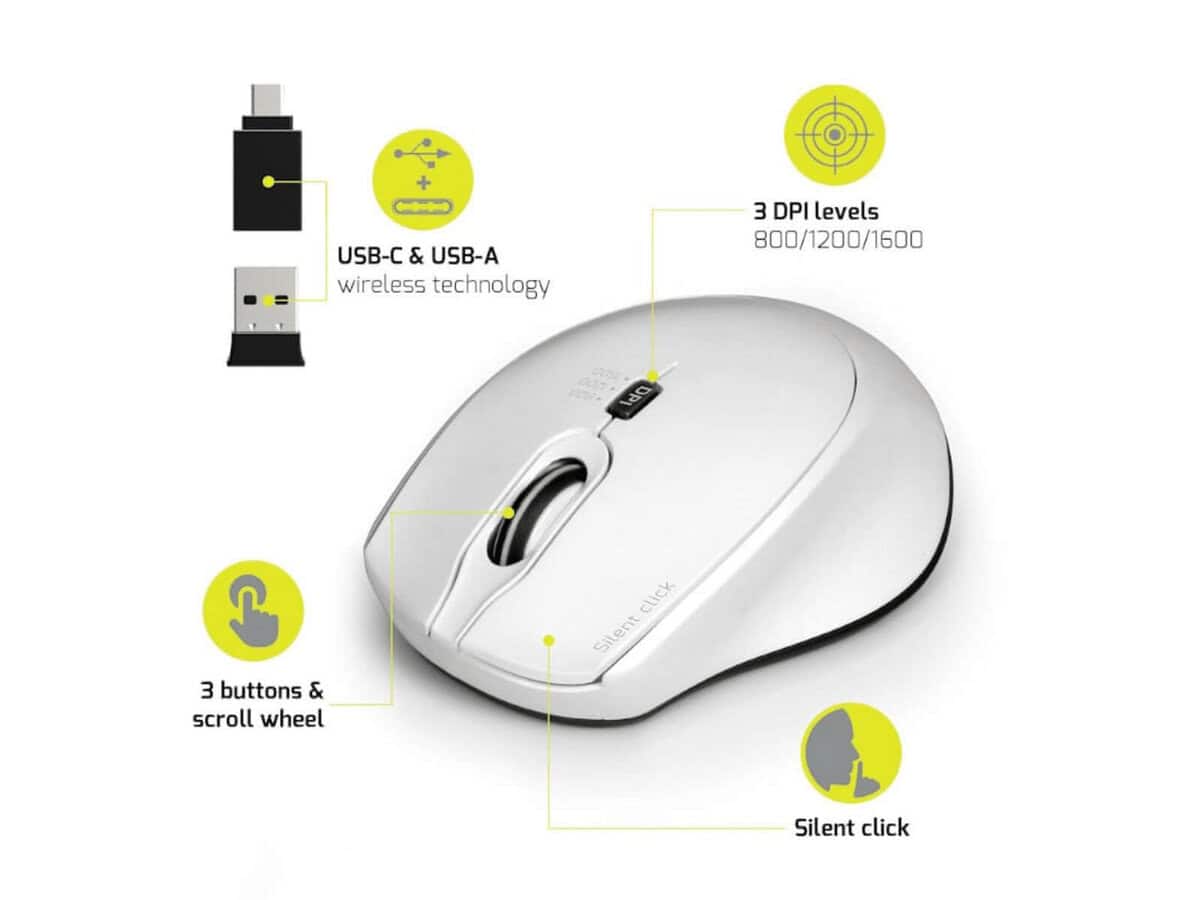 Port Wireless Silent 3600DPI 3 Button USB and Type-C Dongle Mouse – White