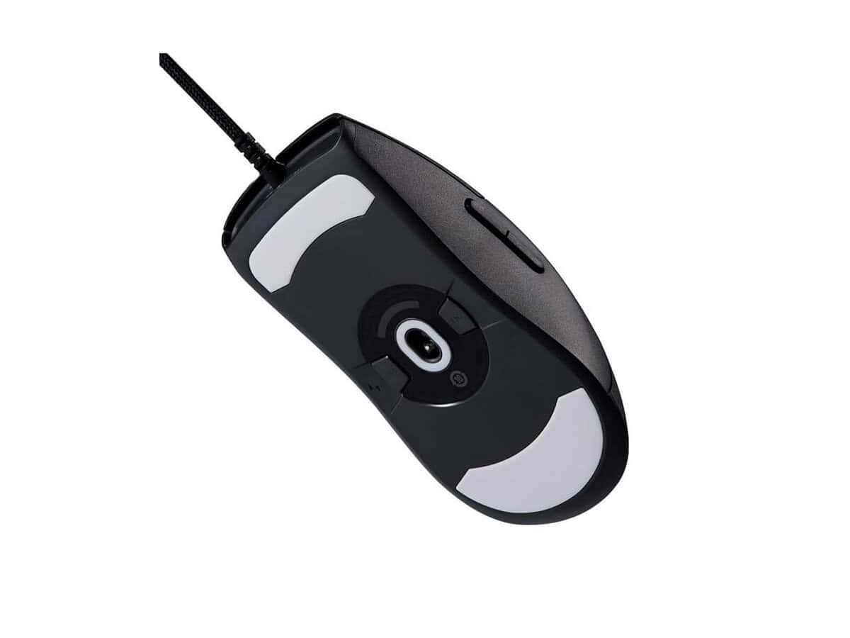 Bottom view of a wired computer mouse.