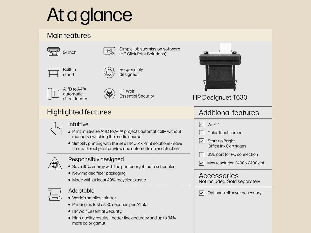 hp print, 30 sec/pages on a1, 76 a1 prints per hour, thermal inkjet, a4, a3, a2, a1, sheet feed,roll feed, automatic horizontal cutter, gigabit ethernet (1000base t), hi speed usb 2.0, wi fi 802.11a/b
