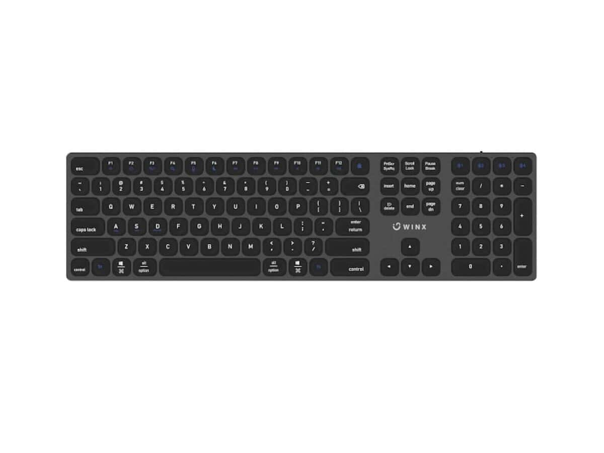 Black wireless computer keyboard top view.