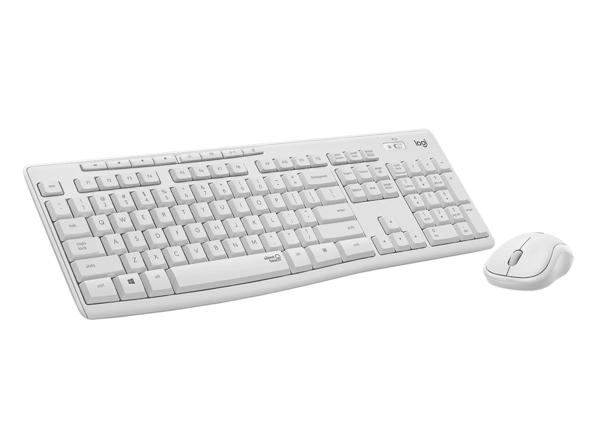 logitech full size kbm combo. silenttouch technology. 90% less typing noise. 2.4ghz connection. long battery life. 10 meter range, spill resistant keyboard, compact ambidextrous mouse.