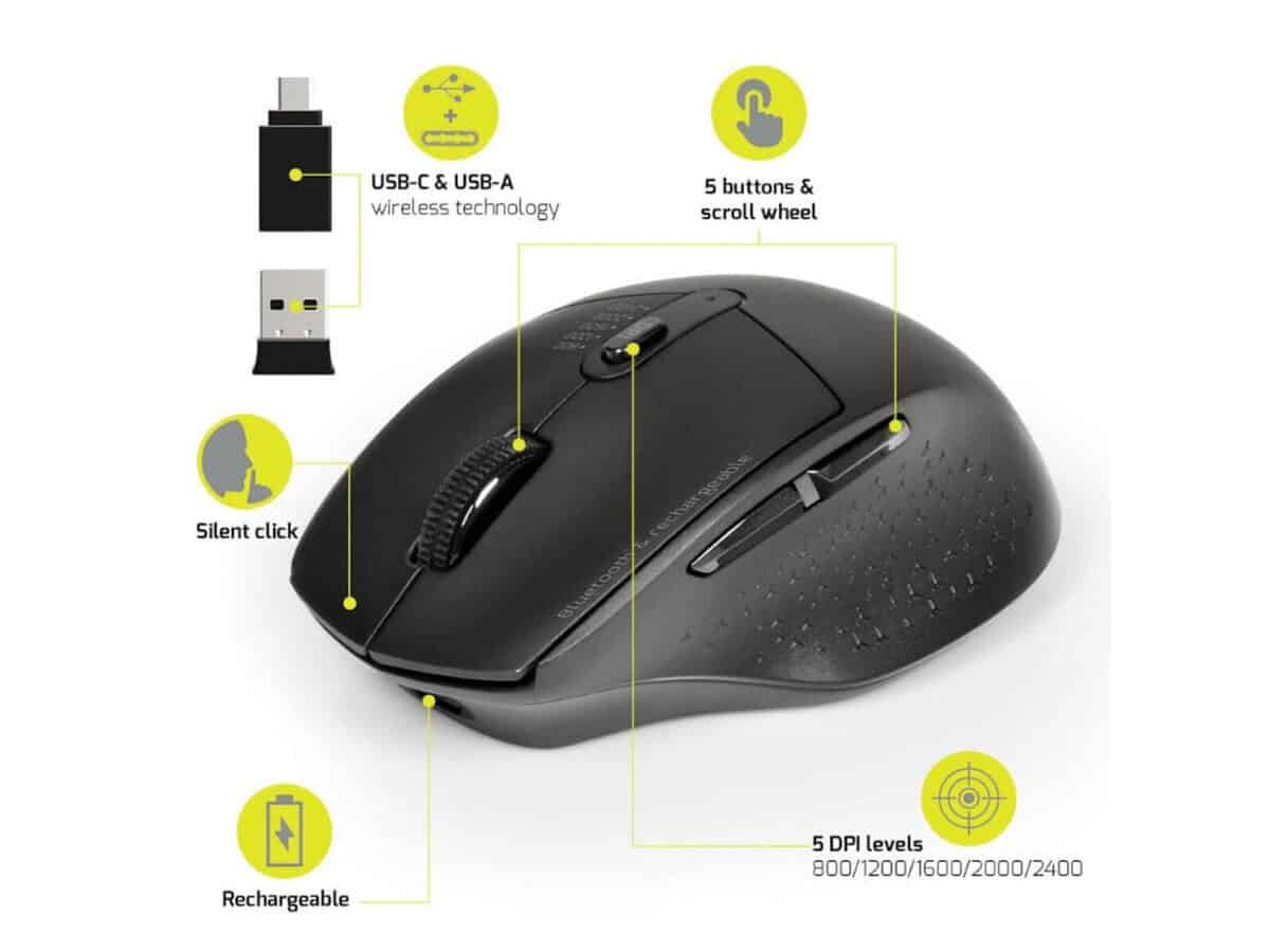 Port Wireless Rechargeable 1600DPI 5 Button Bluetooth Mouse – Black